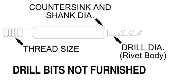Countersink and shank diameter diagram showing thread size, shank and countersink diameter, and drill diameter (rivet body)