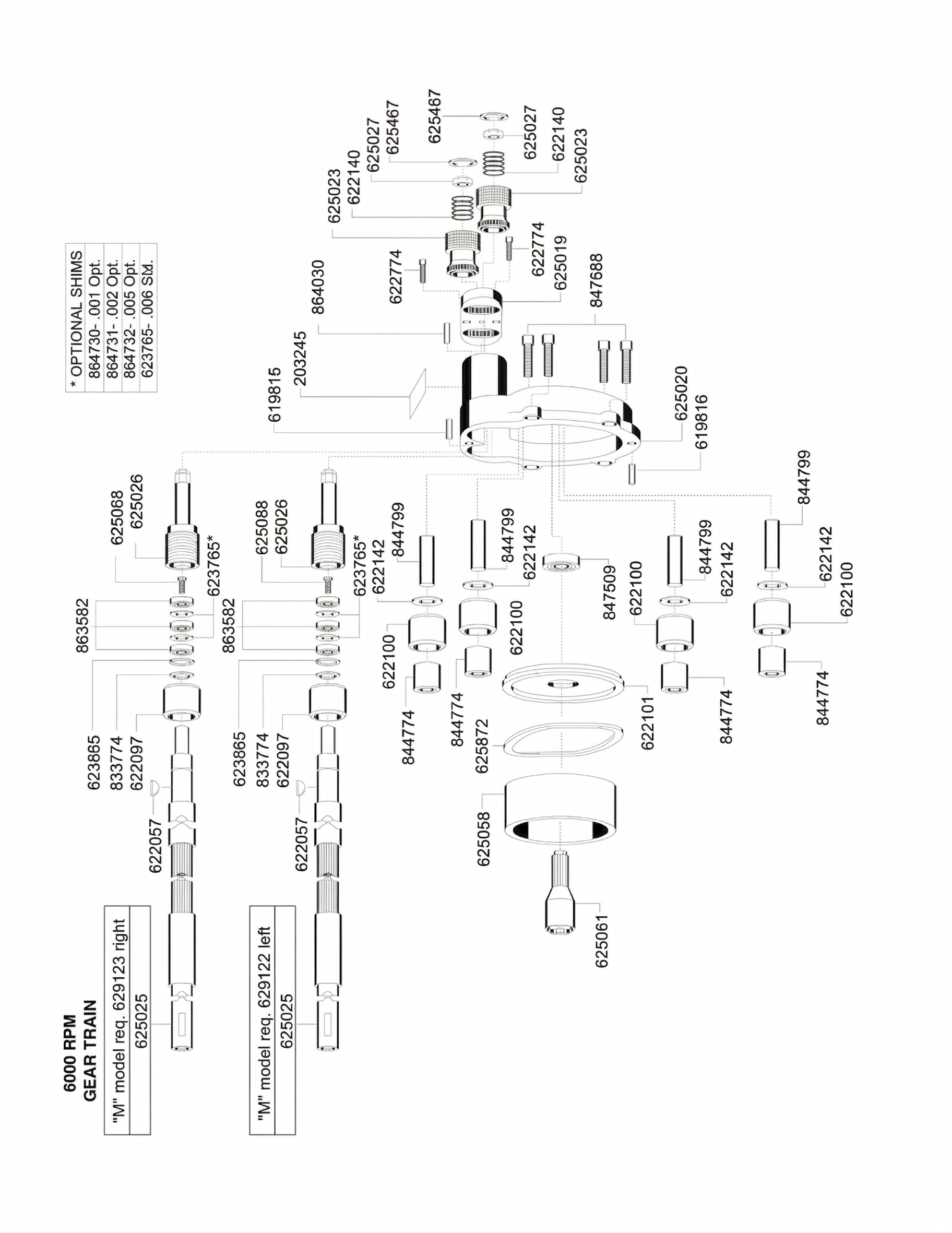 Exploded view of 6,000 RPM gear train