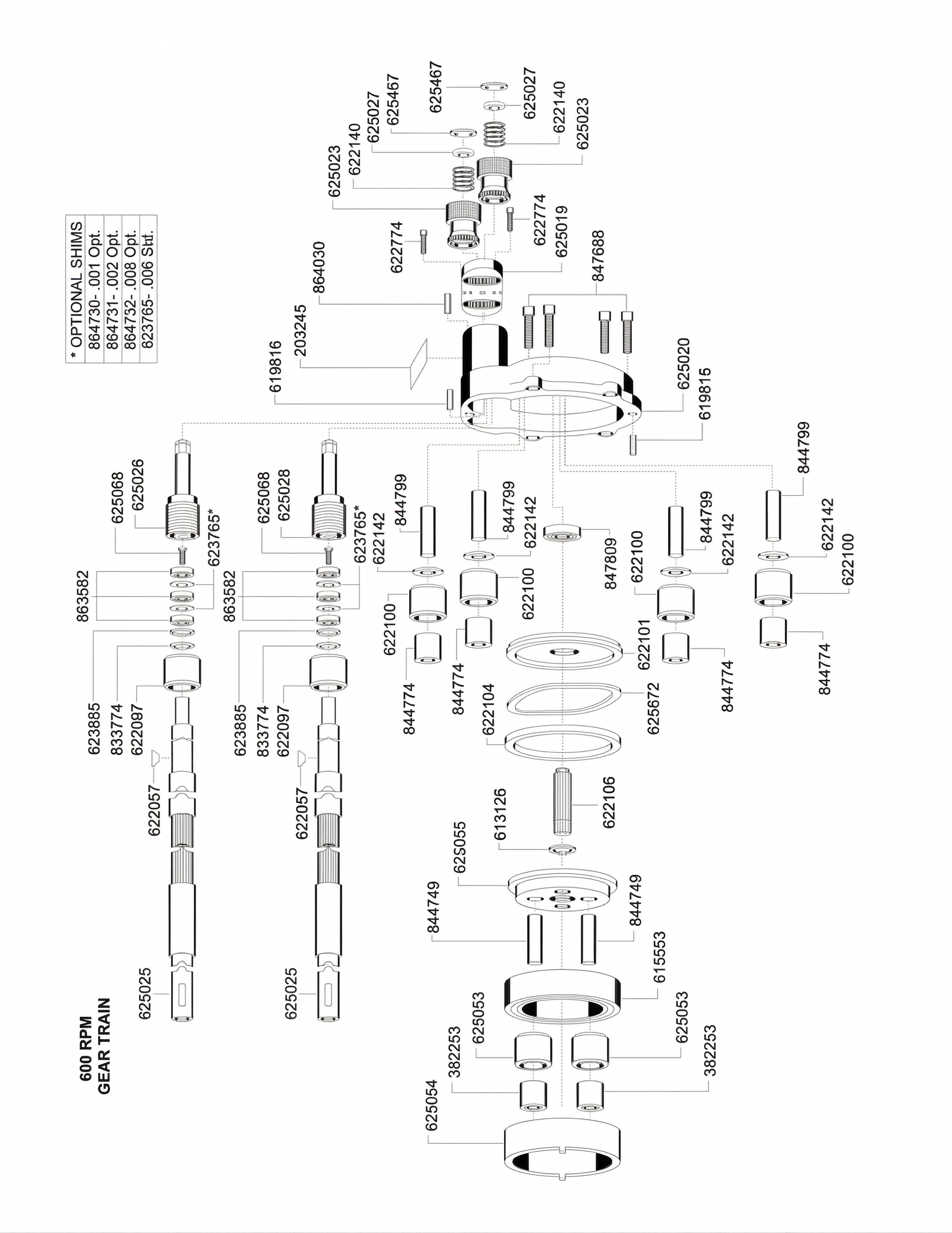Exploded view of 600 RPM gear train