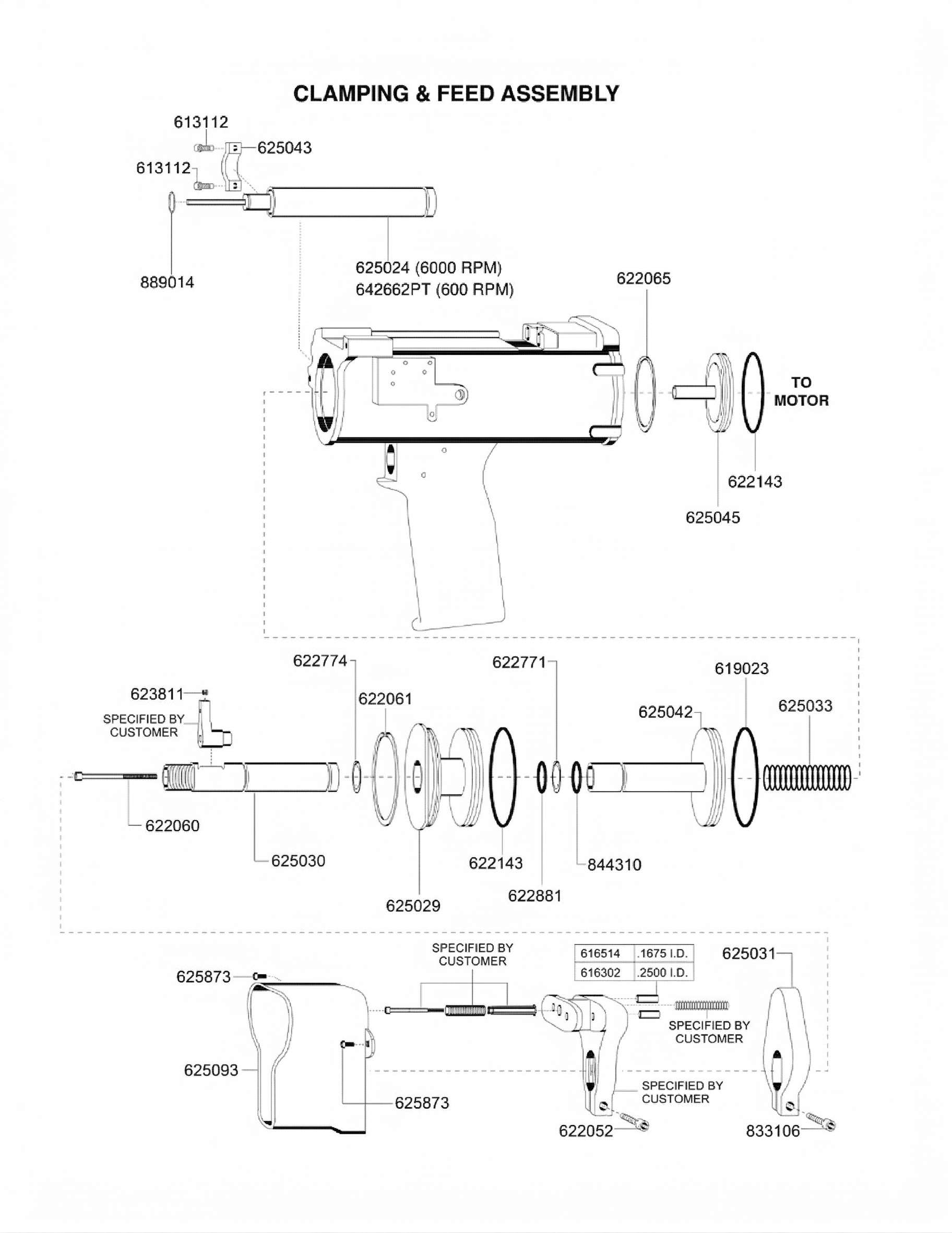 Exploded view of clamping and feed assembly