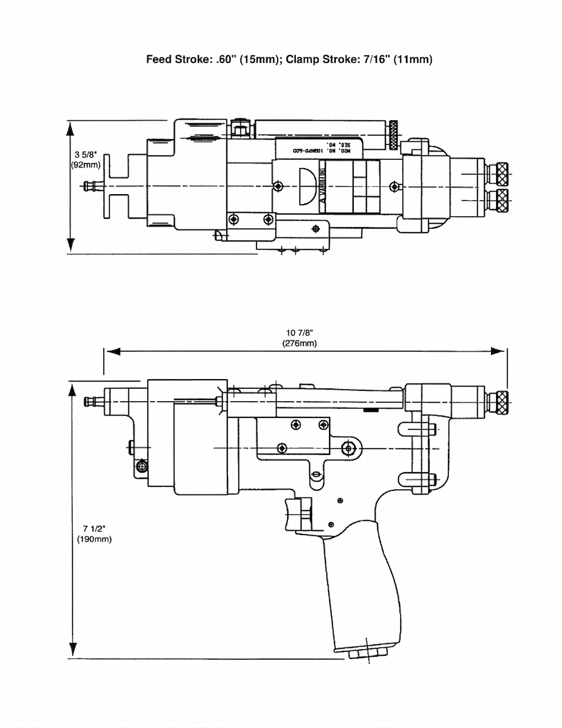 Stroke and size diagram showing feed stroke and clamp stroke dimensions
